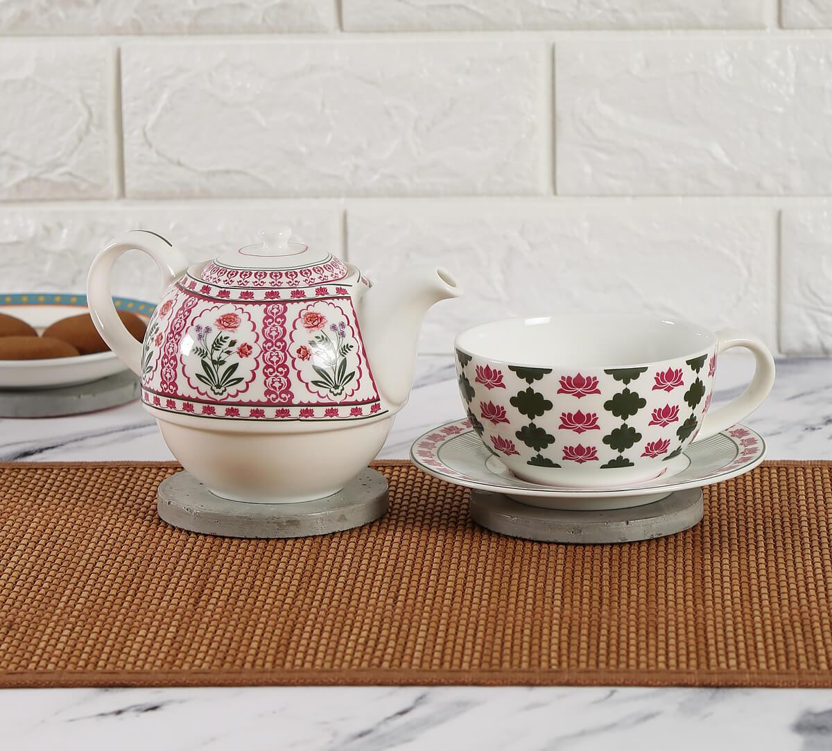 India Circus Floral Fountain Tea for One Set of 3 (1 Tea Pot 1, Cup and 1 Saucer) - Clay Craft India