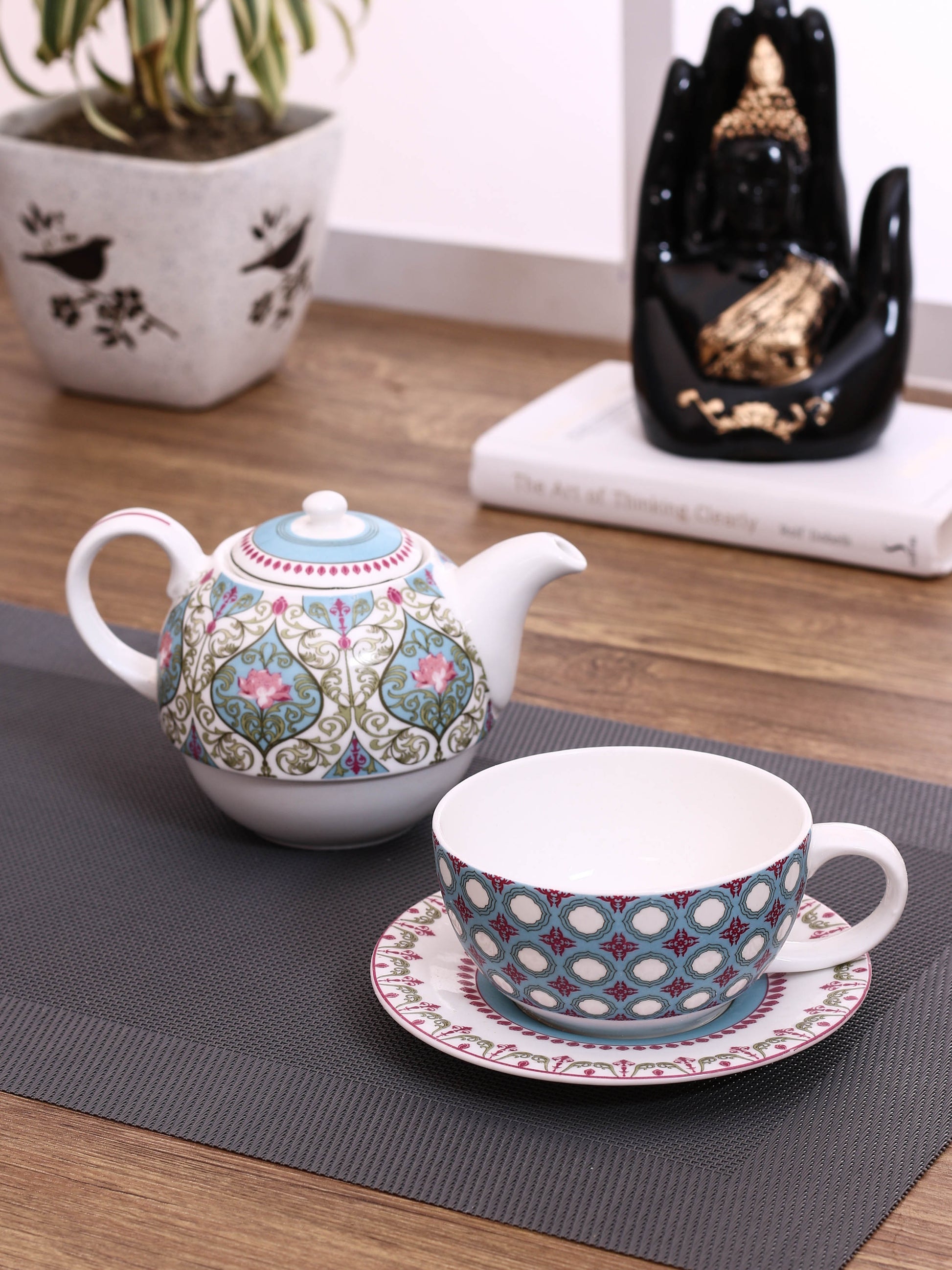 India Circus Floral Illusion Tea For One Set of 3 (1 Tea Pot, 1 Cup and 1 Saucer) - Clay Craft India