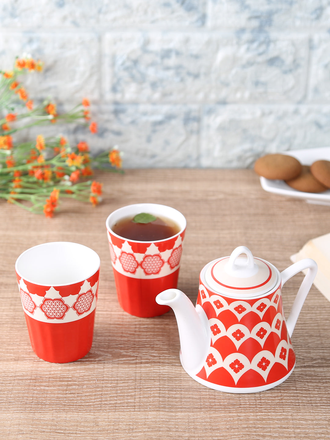 India Circus Floral Fountain Two Cutting Chai Set of 3