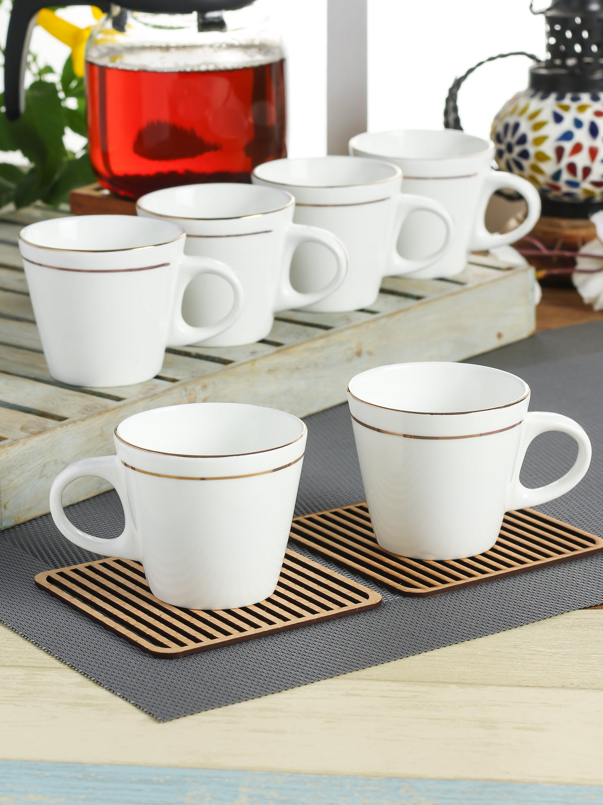 Aura Gold Line Coffee & Tea Mugs, 150ml, Set of 6 (GL110) - Clay Craft India