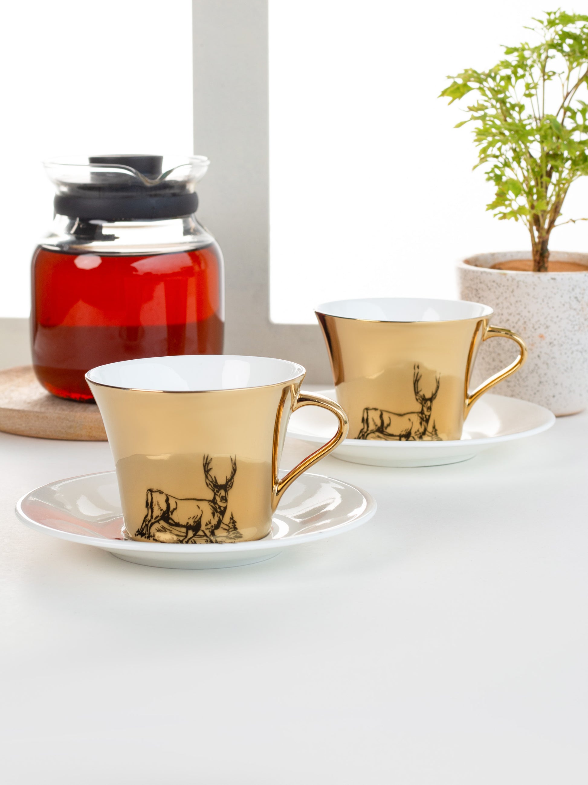 Mirror Series Deer Pattern Cup & Saucer Set of 12 (6+6) - Clay Craft India