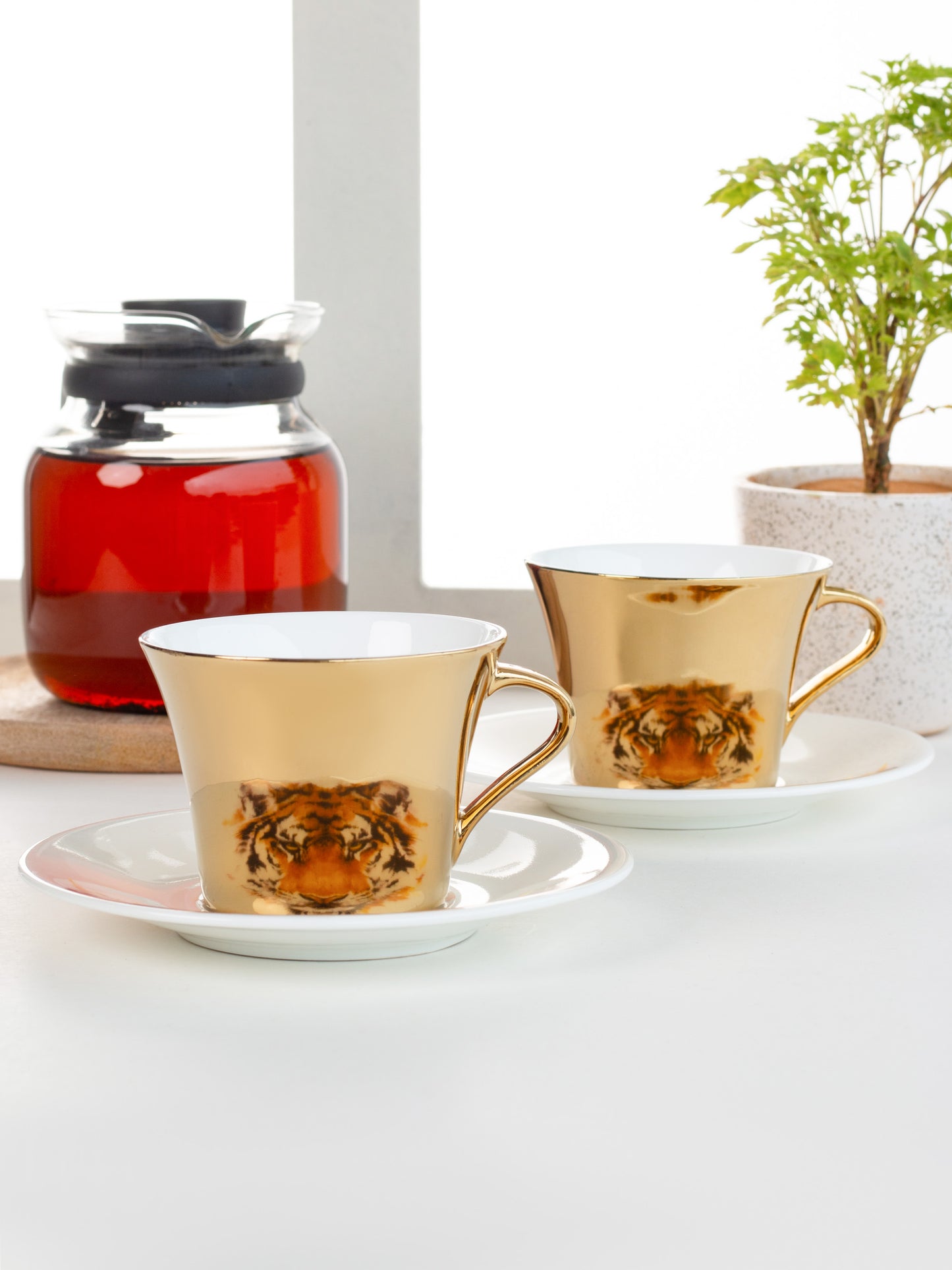 Mirror Series Tiger Pattern Cup & Saucer Set of 12 (6+6) - Clay Craft India