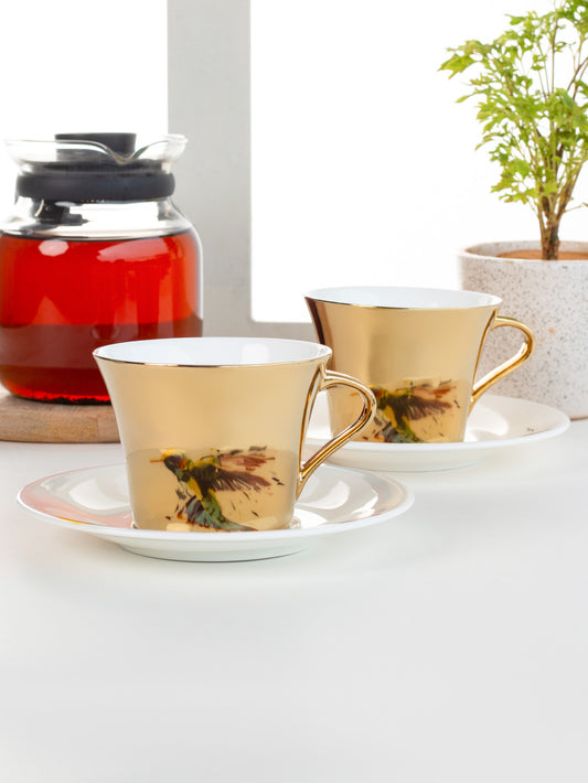 Mirror Series SongBird Pattern Cup & Saucer Set of 12 (6+6) - Clay Craft India
