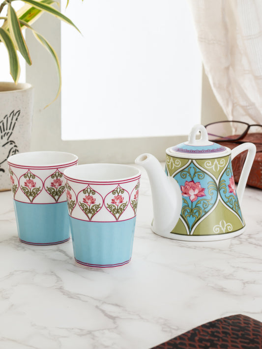 India Circus Floral Illusion Two Cutting Chai Set of 3 - Clay Craft India