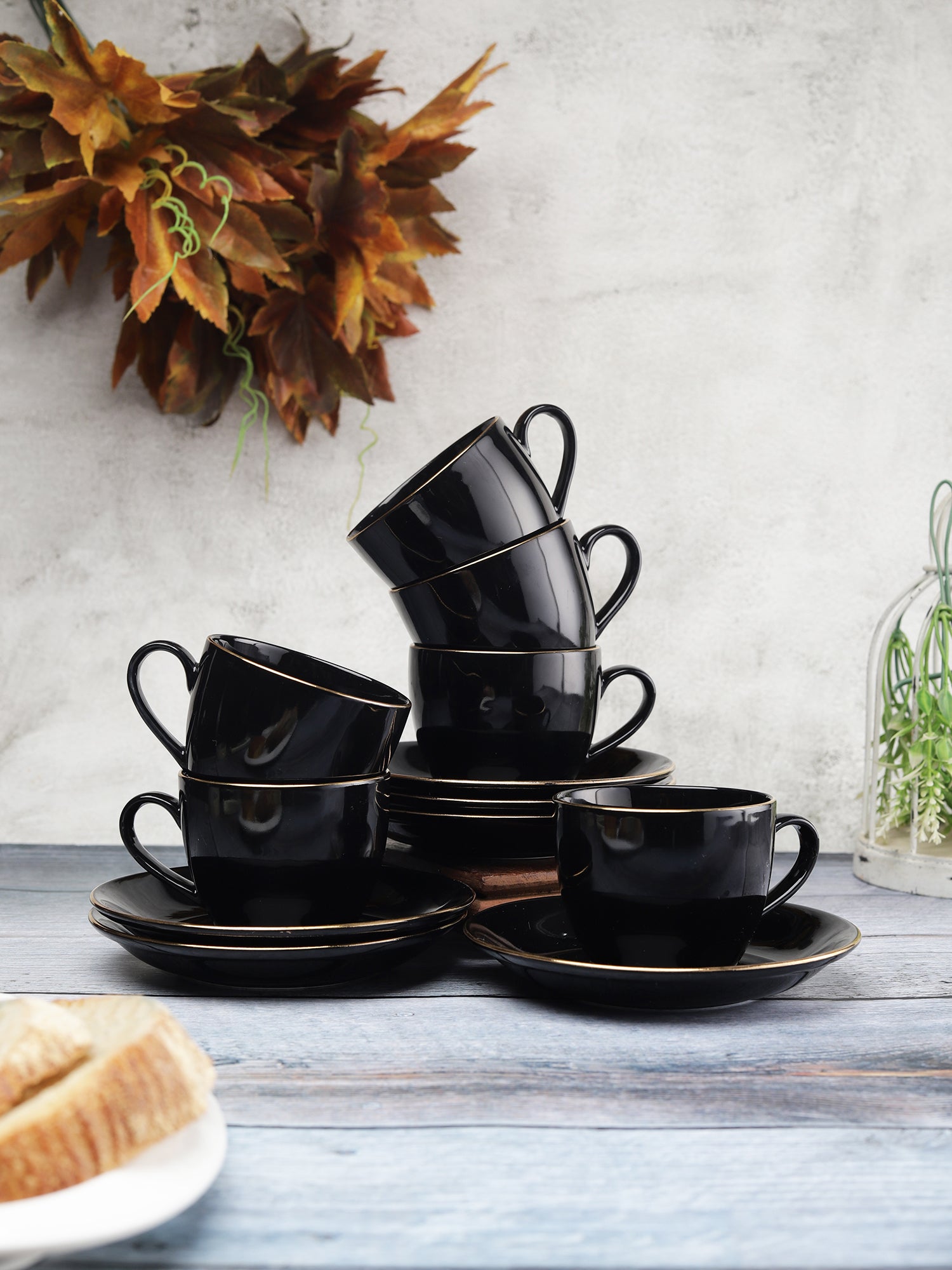 Buy Cream Monochrome Black Gold Cup Saucer Set of 12 Online