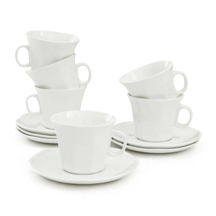Clay Craft Basic Cup & Saucer Octa Big, Set of 12 (6 Cups + 6 Saucers), Plain White