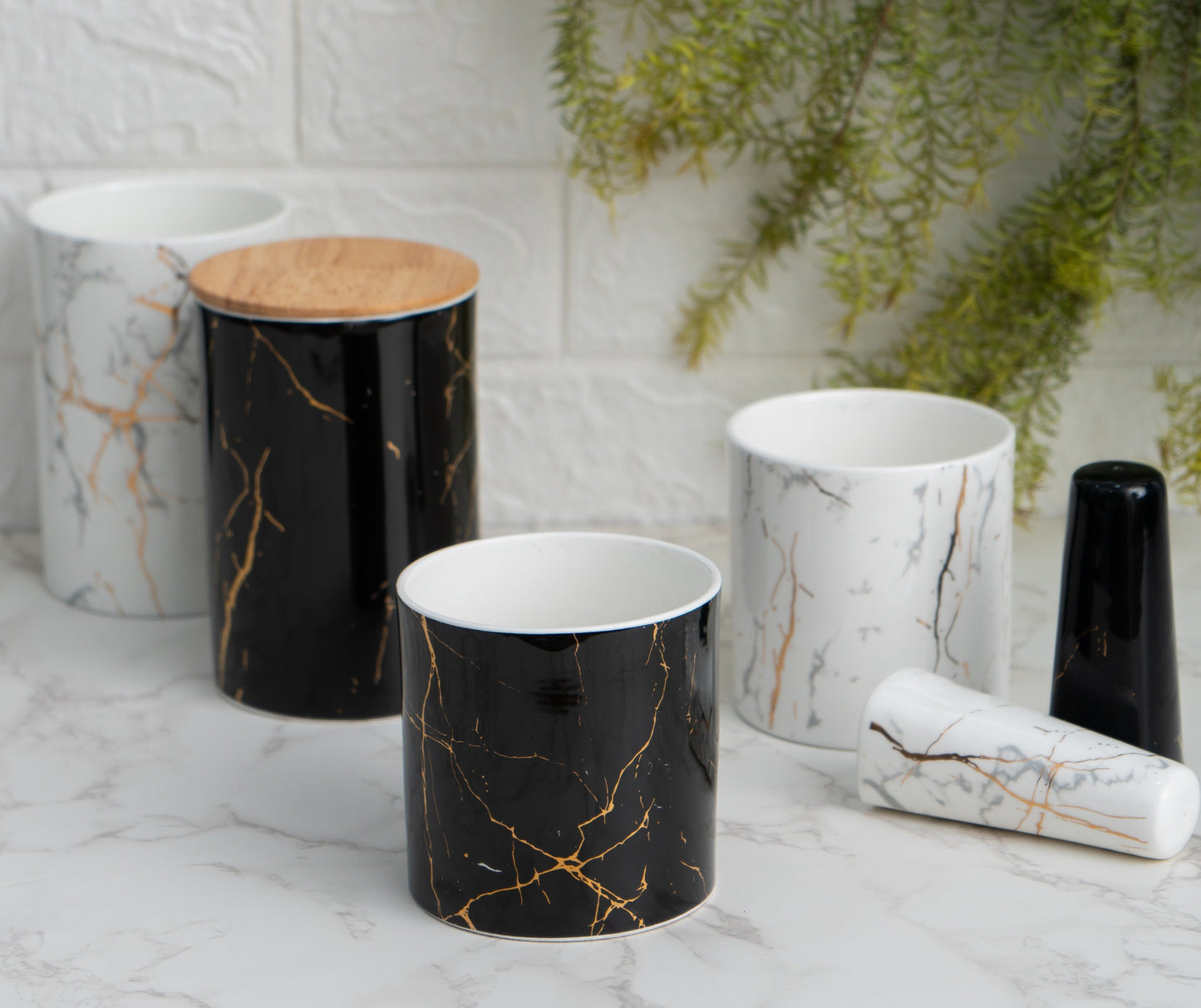 Ceramic Small Containers Set with Lids for Storage, Marble Gold Monochrome, 2 pieces