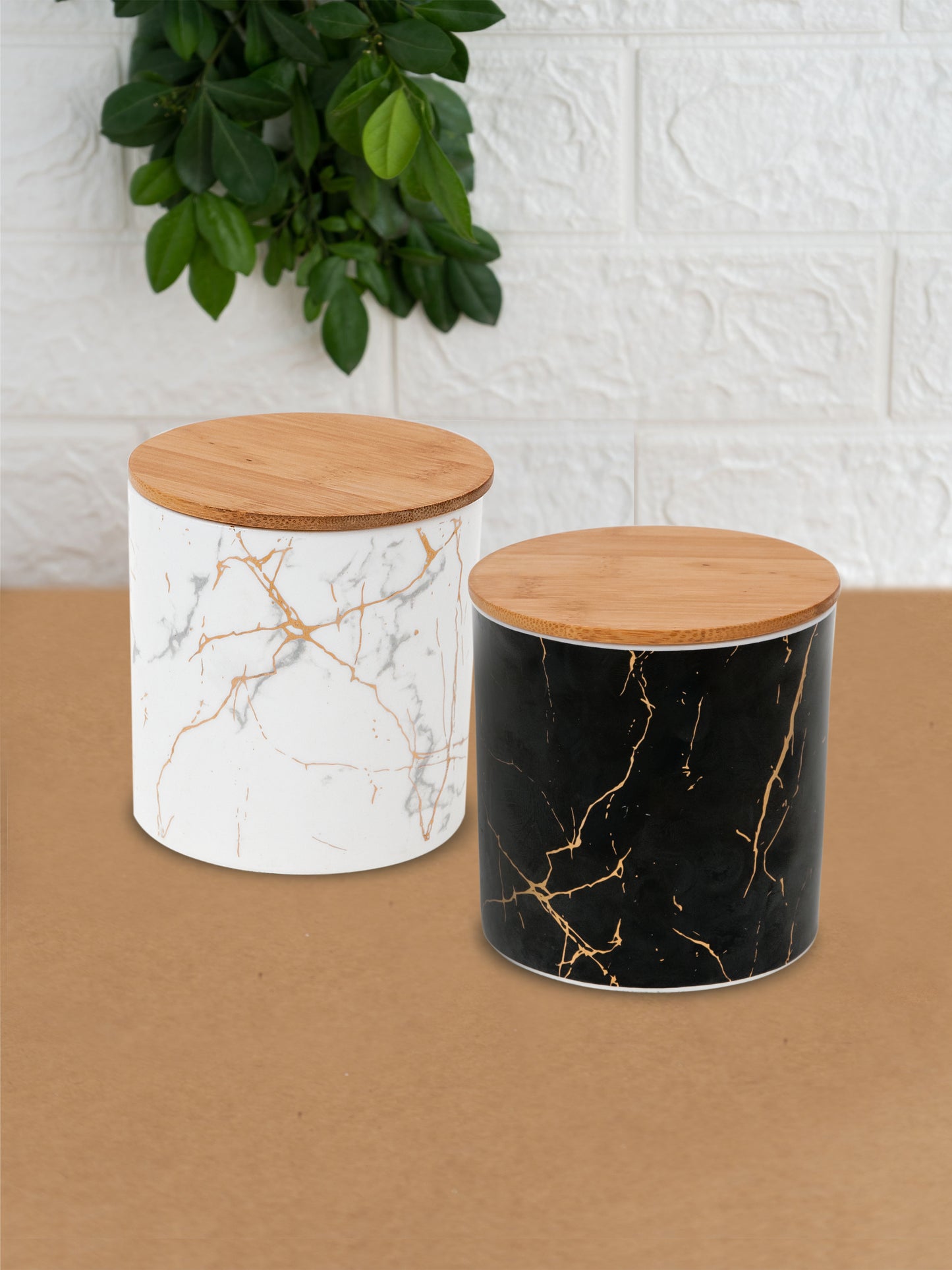 Ceramic Small Containers Set with Lids for Storage, Marble Gold Monochrome, 2 pieces