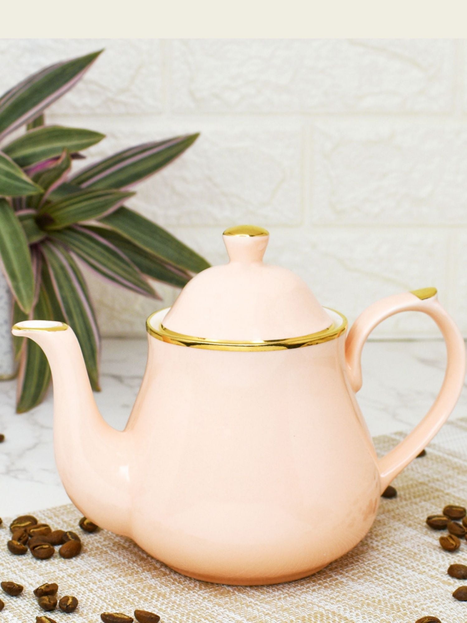 Basics Apricot Pink Ceramic Tea Kettle Pot With Goldline 660Ml Serving for 4 Persons - Clay Craft India